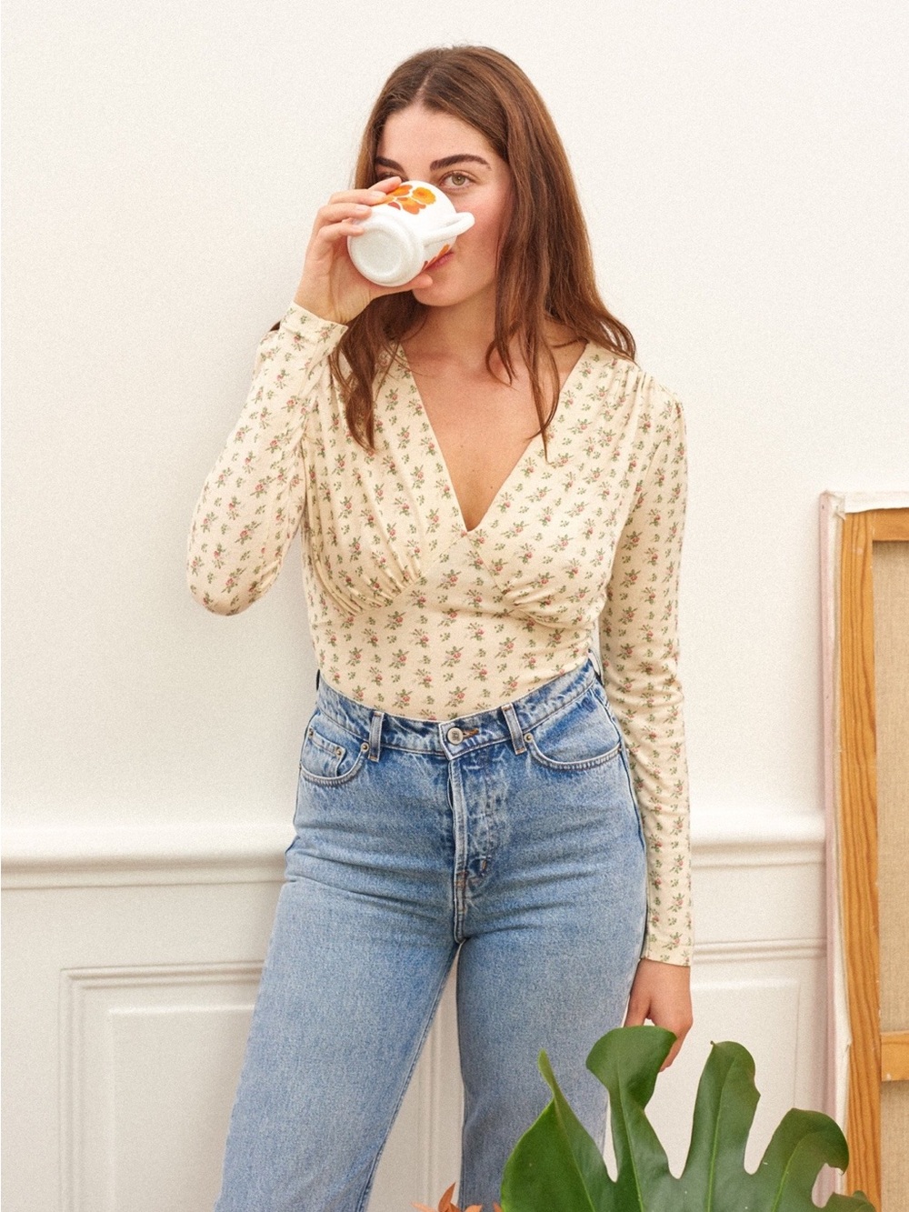Rouje Cream Floral Wrap Long Sleeve Top
